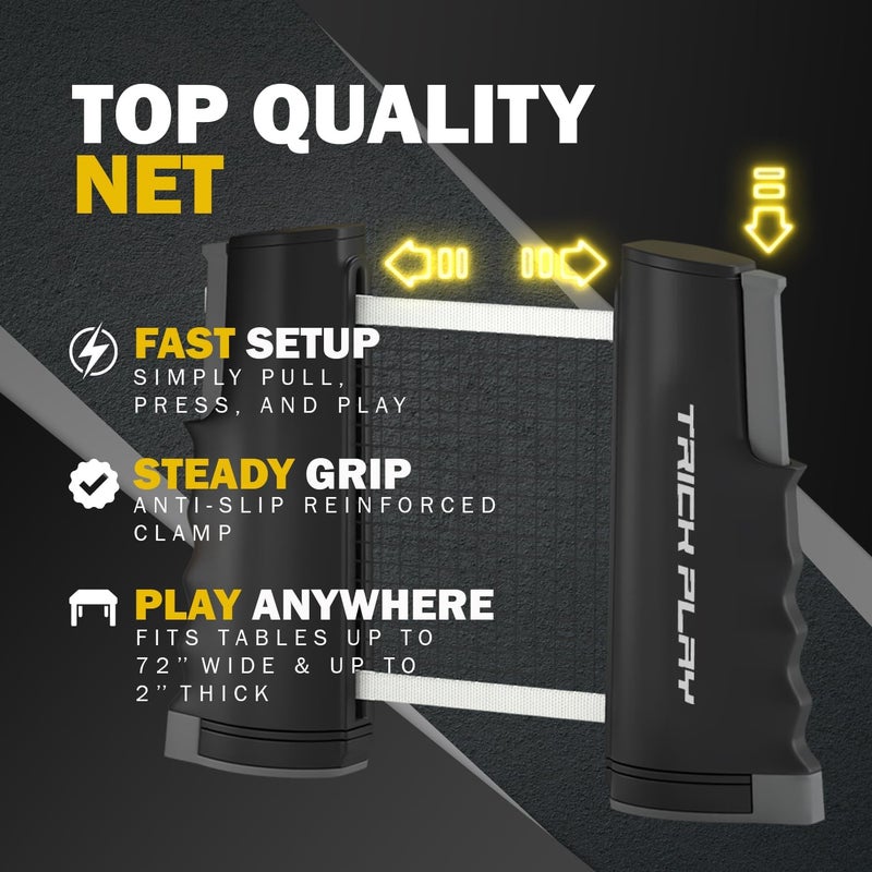 TRICKPLAY Professional Ping Pong Net for Any Table | Portable Anywhere Table Tennis Set with Retractable Net, 2 and 4 Paddle Set, 3-Star Balls, Fitted Storage Case - Image 4